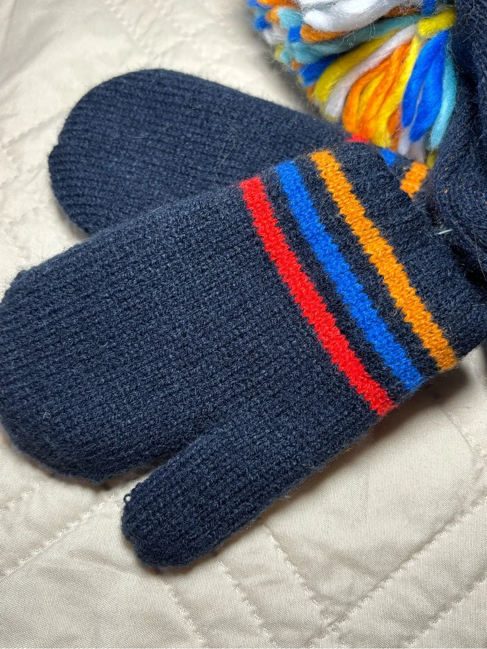 Children's Place 12-24M Navy Dino Pom-Pom Earflap Hat & Mitten Set